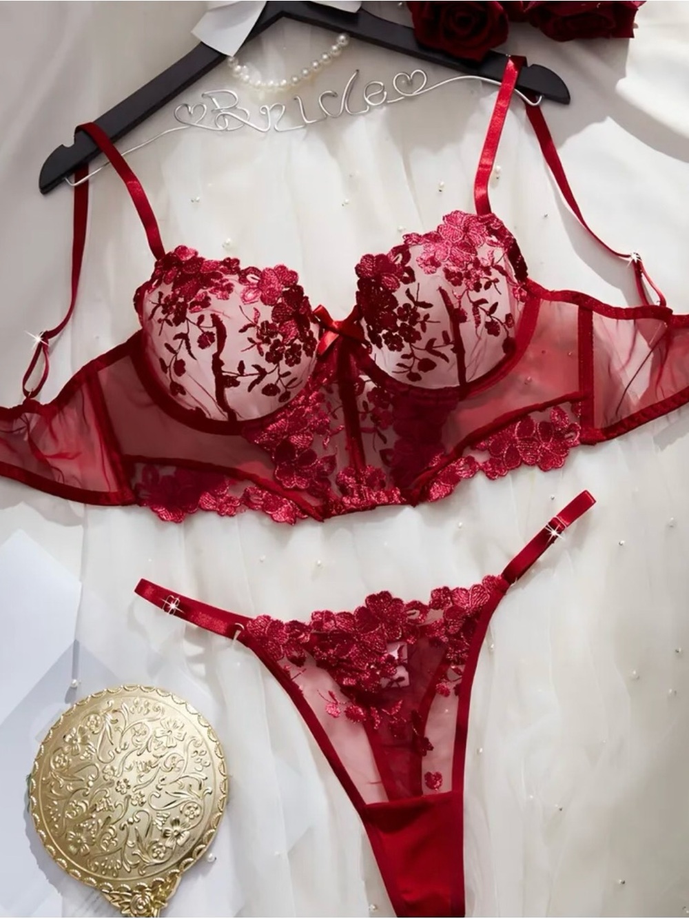 Red Floral Embroidered Lingerie Set - Sheer Bra & Thong